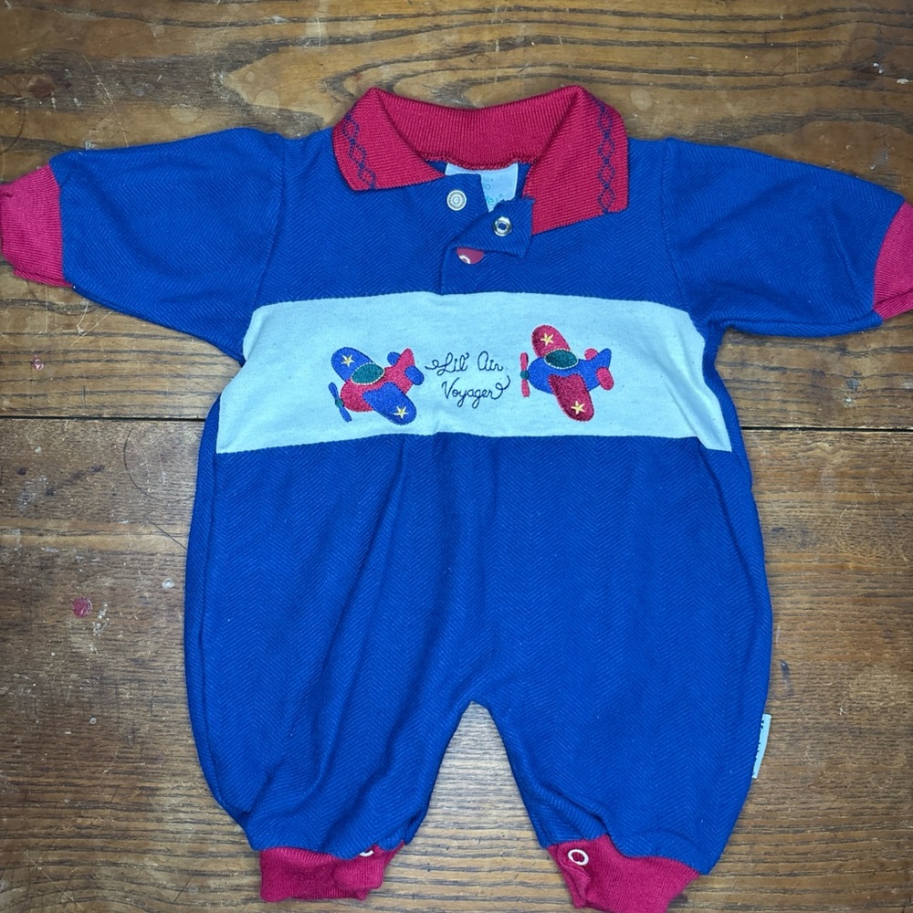Vntg Healthtex 0-5m Embroidered Blue Red Lil Air Voyager Airplane Pilot Romper